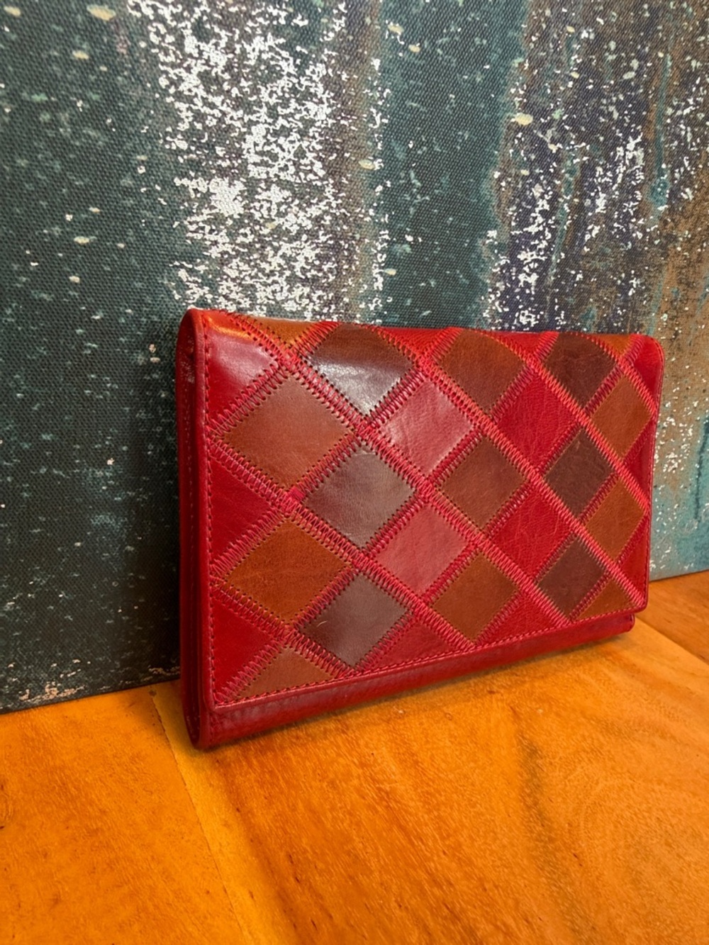 Firenze Vintage Y2K Patchwork Leather Wallet: Red Multi Color Quilted Argyle GUC - Picture 4 of 12